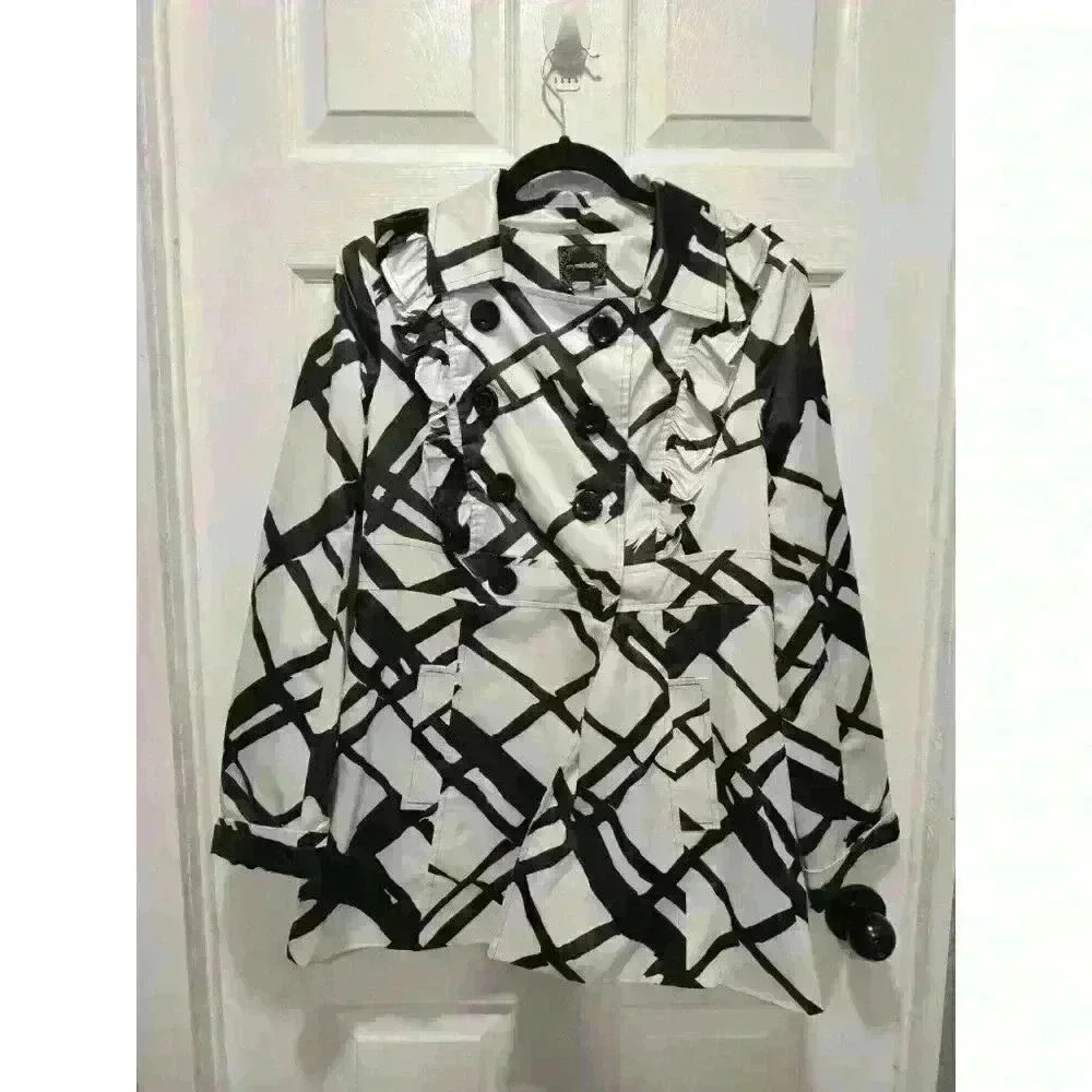 My Michelle black and white ruffled pea coat jacket size LARGE Square button Y2K - Picture 8 of 8